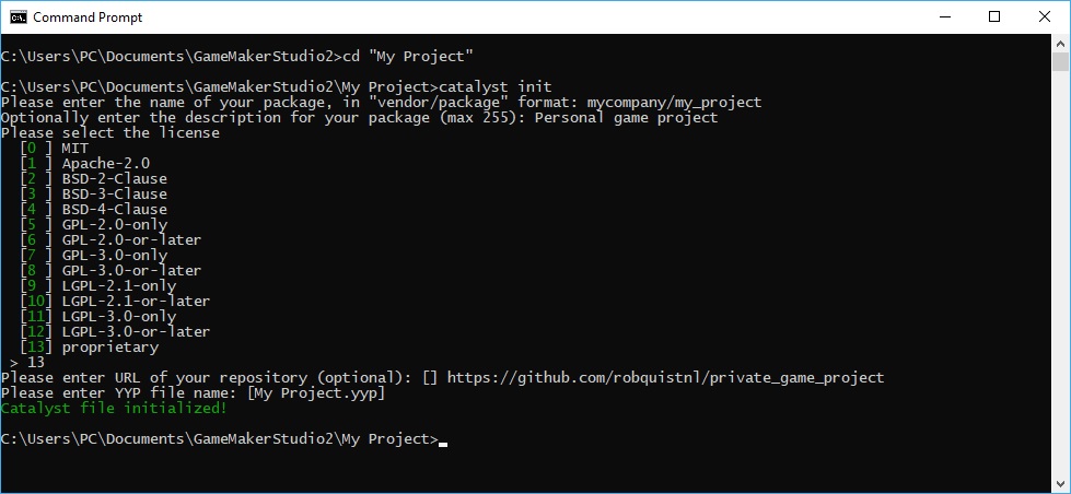 Catalyst init command example